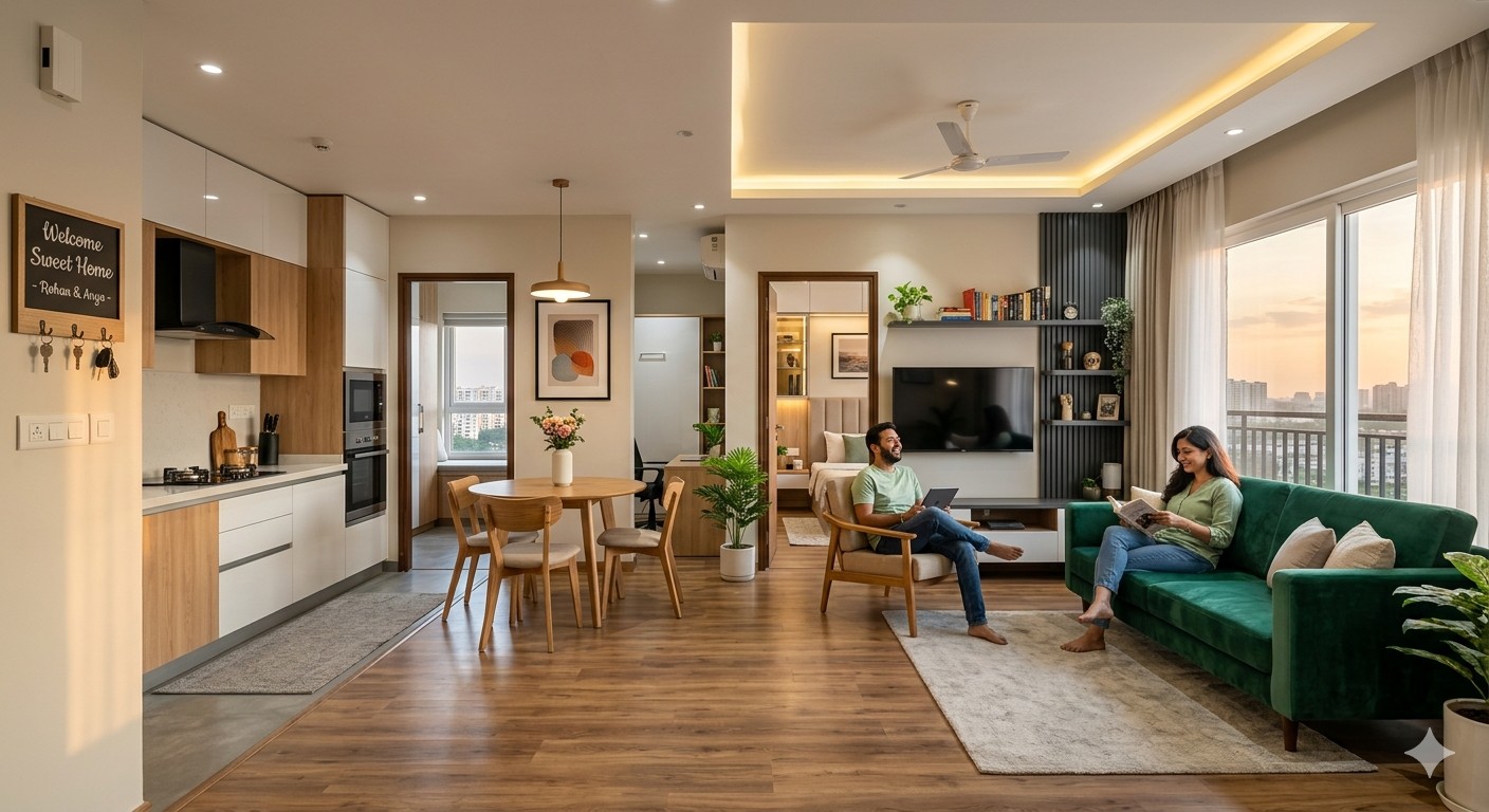 Warm wooden flooring in a modern turnkey home by Neev Spaces